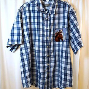 Men's GEORGE Short Sleeve Plaid Button-Up Shirt w/2 Graphic Horse Patches, 2XL